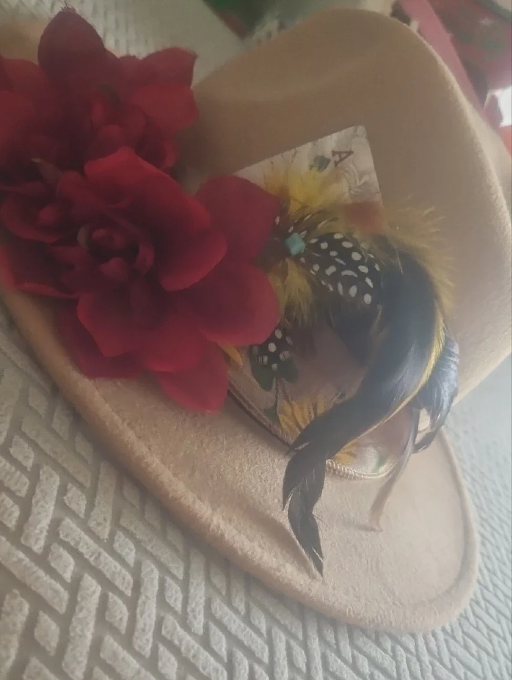 Womens Tan Felt Fedora with Red Flower and Feather Accent
